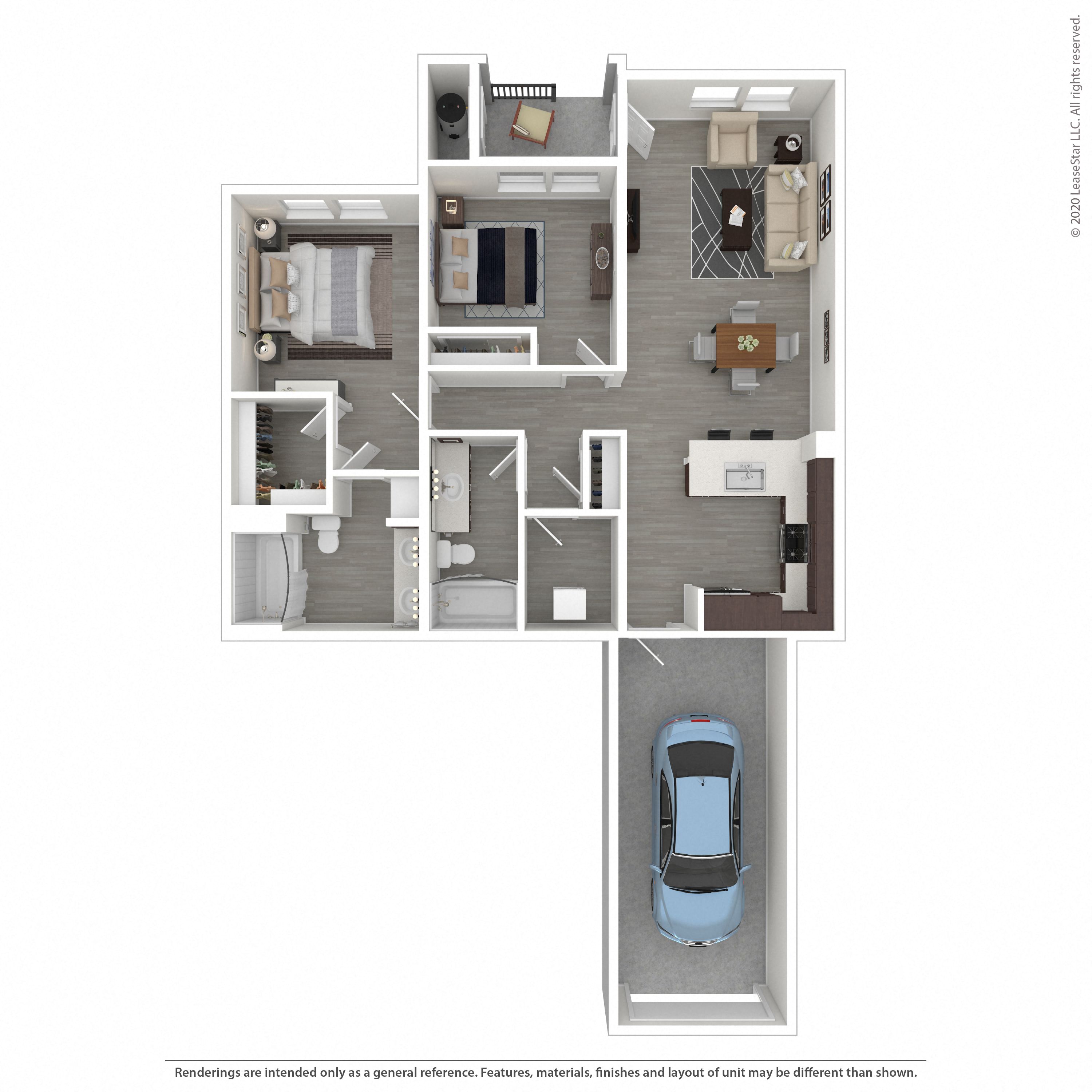 Floor plan for 2 beds, 2 baths, 1129 sqft